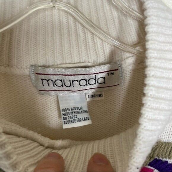 Vintage Floral Embroidered White Cowl Neck Sweater Large Maurada 70s 80s 1970s - Picture 4 of 5